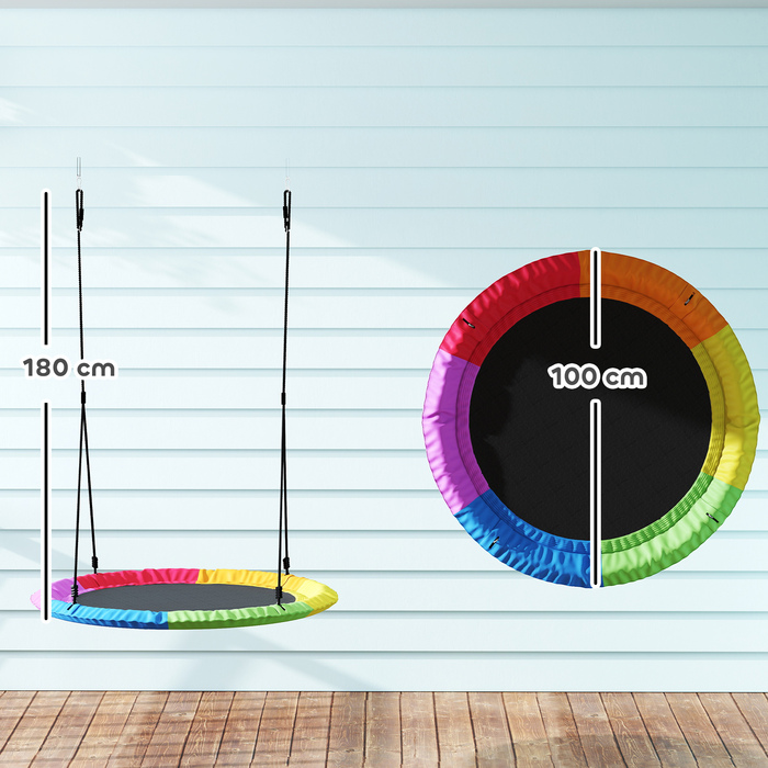 Дитяча гойдалка-качель з регульованою висотою, вантажопідйомністю до 300 кг та регульованими мотузками, розміром 100 x 100 x 180 см, у різних кольорах.