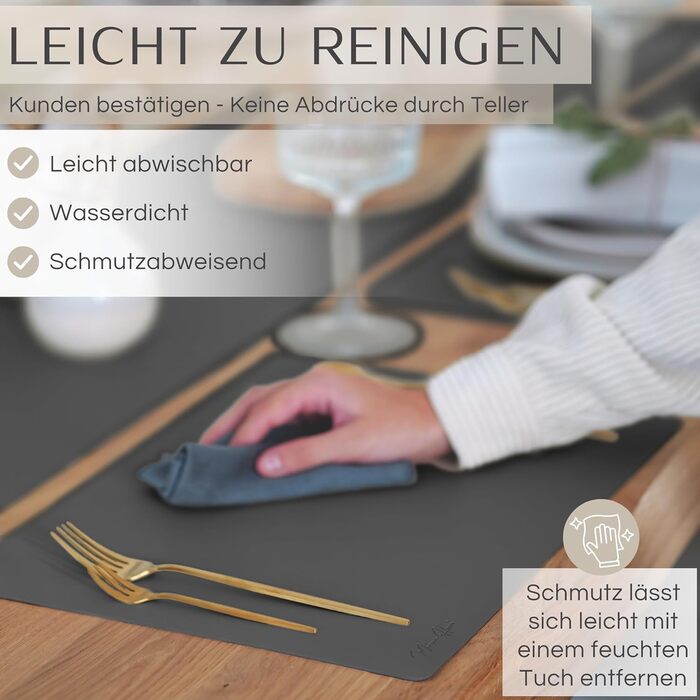 Набір з 6 преміум-підкладок для столу Mahewa® з штучної шкіри - підкладки під тарілки, миючі та водонепроникні, в шкіряному стилі (темно-сірий, квадратні з тримачем)