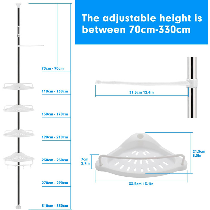 Телескопічна душова полиця ZHUGE , регульована кутова полиця для душу з 4 полицями, 4 гачками, анга для рушників для зберігання у ванній кімнаті, нержавіюча, 70-330 см від підлоги до стелі, біла