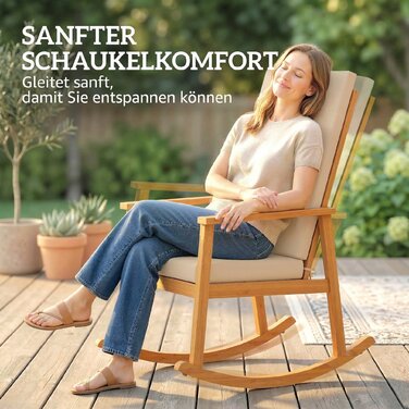 Гойдалка з акації з високою спинкою та подушкою, витримує до 160 кг, 60 x 89 x 107 см, бежева