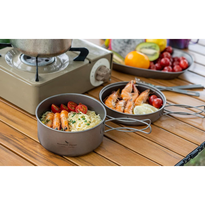 Набір посуду iBasingo Titan для кемпінгу та подорожей (1000мл казанок + 500мл миска) з розкладним ручками, кухонні аксесуари для піших прогулянок, трекінгу та подорожей Ti2042C