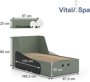 Ліжечко VitaliSpa Крокодил, зелене, 160 х 87,5 см з ящиком і матрацом 160 х 80 см з матрацом