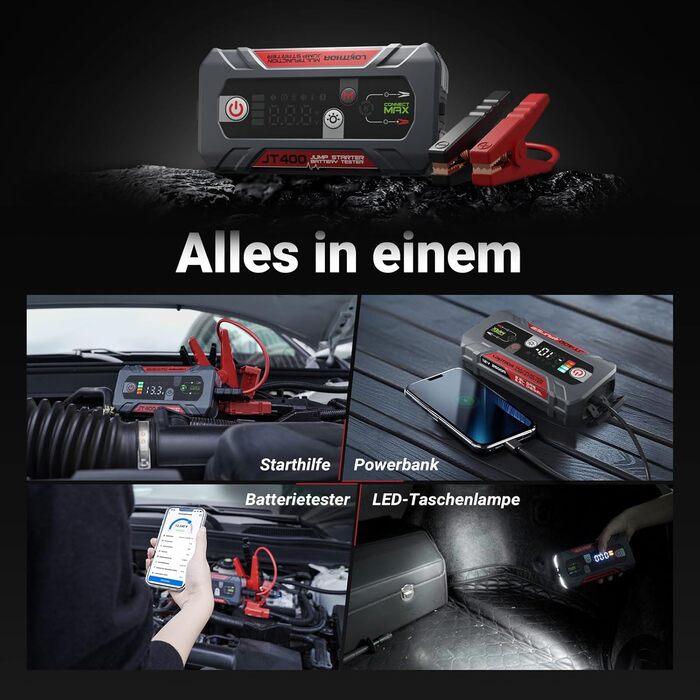 Портативний пусковий пристрій та тестер акумулятора LOKITHOR JT400: 2500A, 12V, для бензинових (8.5L) та дизельних (6.5L) авто
