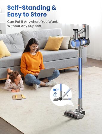 Бездротовий пилосос Dzaki 45000Pa з акумулятором, Smart-дисплеєм, функцією паркування та антизаплутанащістю для килимів, твердих поверхонь, шерсті тварин та авто (блакитно-сірий)