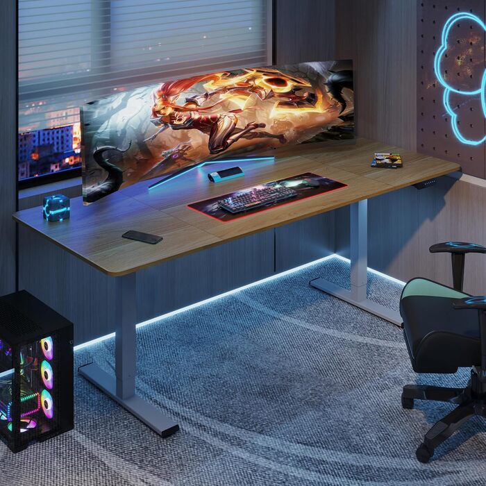 Регульований стіл Sanodesk – електричний підйомний стіл для роботи та ігор, з пам'яттю, 140x70 см (акорн) білий+акорн