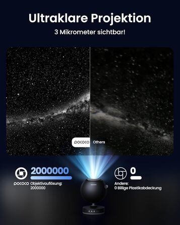 Проєктор зоряного неба POCOCO Sternenhimmel, LED Галактика для дітей та дорослих, Планетарій з 2 дисками, Нічник-Аврора, Таймер, для сну та релаксації (Чорний)