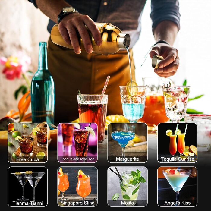 Набір шейкерів для коктейлів KINGROW Mixology - Набір бармена з 29 предметів з акриловою поворотною підставкою (срібло/золото)