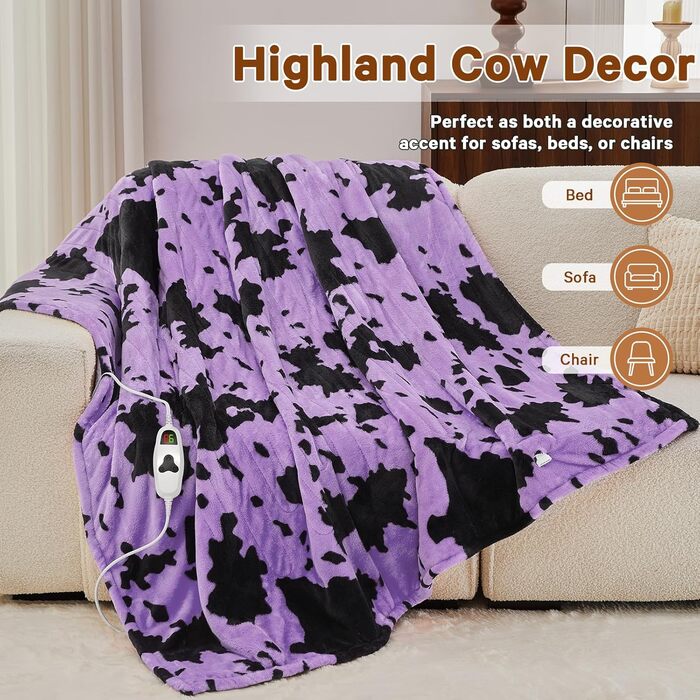 Електрична гріюча ковдра з принтом корови, повний розмір 183x213 см, фіолетова, 10 режимів нагріву, автоматичне вимкнення через 8 годин, флісова ковдра з декором гірської породи худоби, Sherpa