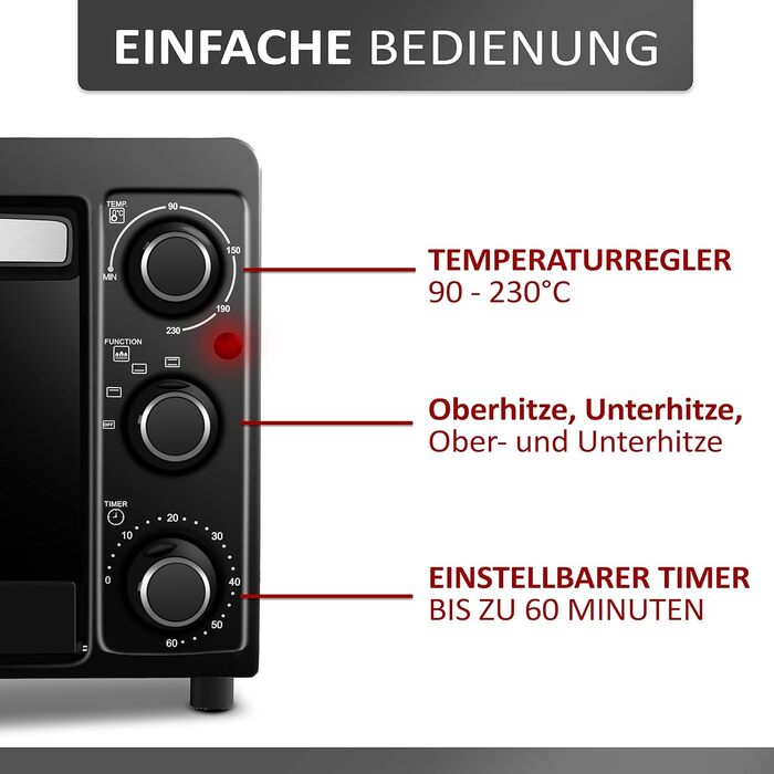 Міні-піч STEINBORG 15 л: піч для піци, випікання та підігріву. Економне споживання енергії, таймер 60 хв.