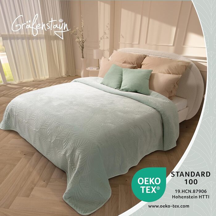 Преміум ковдра-плед Gräfenstayn для ліжка та дивана, 240x260 см, м'ятний колір. Намистове стегання, сатин, м'яка, не мнеться, легка у догляді