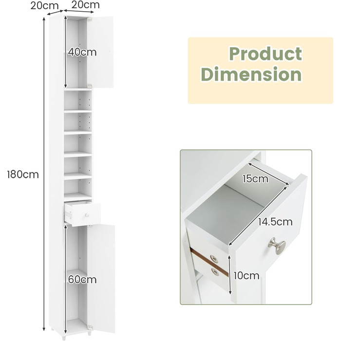Висока шафа 180 см, вузька тумба для ванної кімнати з відділеннями та ящиком, регульовані полиці (білий)