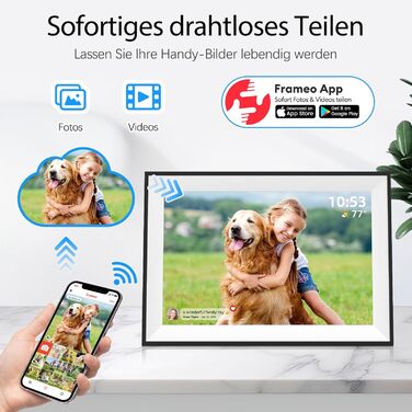 Цифрова фоторамка Frameo 10.1 дюймів WLAN, Full HD IPS сенсорний екран 1280x800, 32GB пам'ять, автоматичний поворот, можливість монтажу на стіну, керування через додаток Frameo (Чорна з білою рамкою)