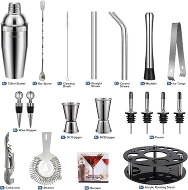 Подарунковий набір для коктейлів 20 предметів: шейкер, стійка акрилова 360°, мірний стакан, барний набір 750 мл, нержавіюча сталь