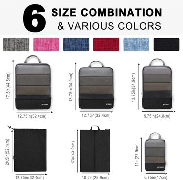 Набір компресійних органайзерів для одягу в подорож, стислий пакувальник для валізи та рюкзака, 6 шт, чорний