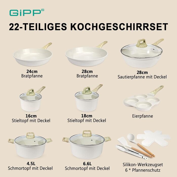 Набір посуду GipP 22 шт. з керамічним покриттям, антипригарний, для миття в посудомийній машині, без PFAS, білий
