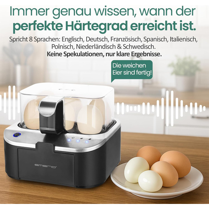 Електричний яйцеварка Emerio SIEGER: 3 ступені нагріву, голосове сповіщення, BPA Free, EB-123177.1, чорний/сріблястий