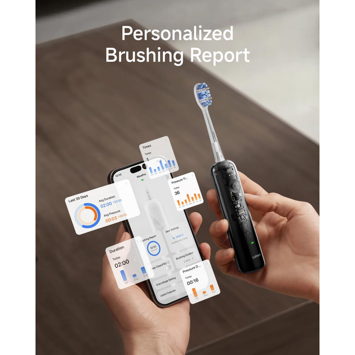 Електрична зубна щітка Laifen Wave Pro з 6 режимами чищення, акумулятор до 70 днів, прозорий чорний колір