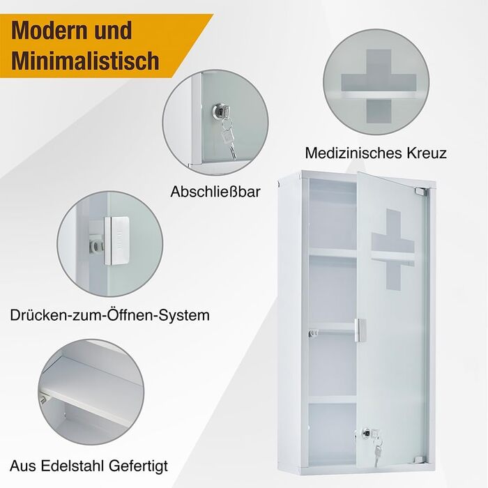 Медичний шкаф Zedelmaier з нержавіючої сталі, 4 відділення, для зберігання ліків, з замком, 57 x 27 x 12 см, білий