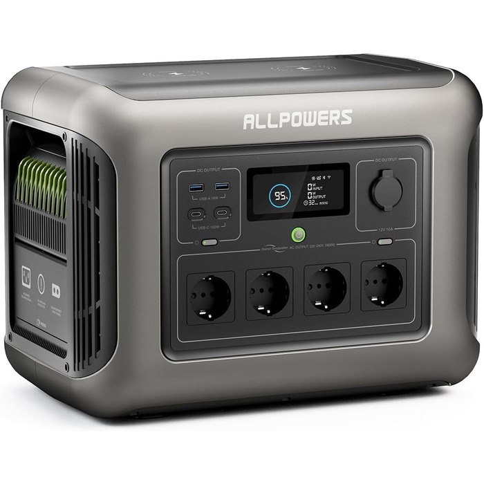 Портативна електростанція ALLPOWERS R1500, акумулятор LiFePO4 1152 Втгод, вихід змінного струму 1800 Вт, тихий 43 дБ, резервне живлення