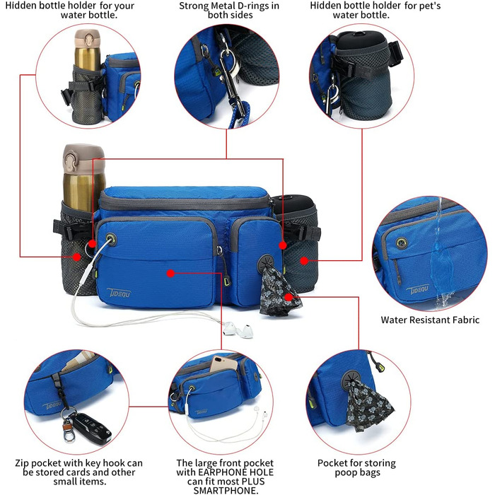 Повідець-банджі TUDEQU 4-В-1 для собак без рук з нульовою амортизацією і багатофункціональної поясний сумкою, повідець 5,8 фута / 178 см з пряжкою автомобільного ременя безпеки і світловідбиваючої різьбленням YBGS BLUE BAG BLUE LEASH