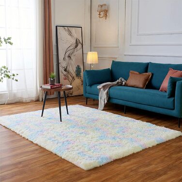 М'який пухнастий нековзний килим Evitany для спальні, волохатий килим з високим ворсом для вітальні, довгий ворс (90 х 160 см, Веселка)
