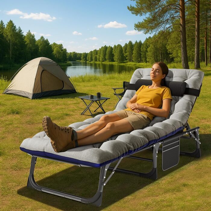 Розкладне ліжко – крісло, 200 кг, з матрацом, кишенями, регульованою спинкою та підголівником – для офісу, тераси, саду, кемпінгу та відпочинку (Сірий плюш)