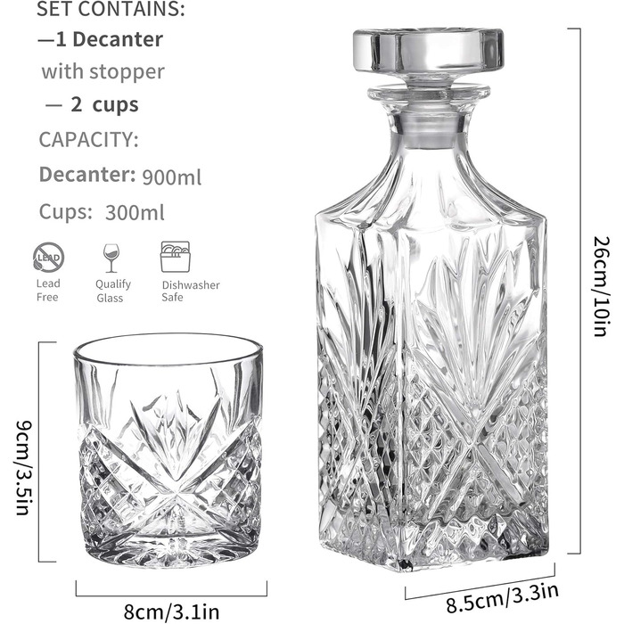 Набір віскі Amisglass графин 900 мл і 2 склянки 300 мл, 3 предмети, кришталеві та келихи для хайболу