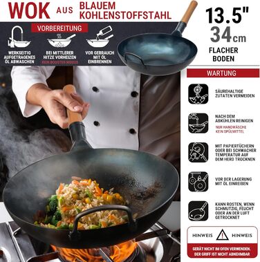 Вок YOSUKATA з вуглецевої сталі (34 см) - попередньо обпалена поверхня, плоске дно, для індукційних, газових та електричних плит (синій)