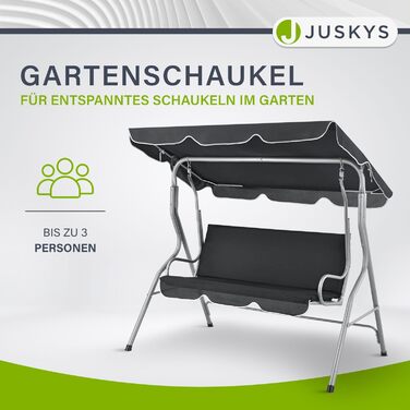 Садова гойдалка Juskys на 3 місця з регульованим дахом і подушкою, водостійкий поліестер, антиковзкі ніжки, до 200 кг, сіра, для саду та тераси