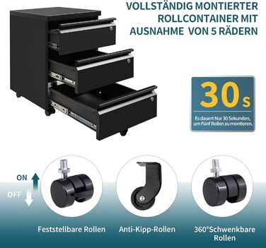 Роликовий контейнер LVSTEEL з замком, офісний шафка з металу, шафка для документів під стіл, 3 висувні ящики, збірно-розбірний, білий (чорний), 56x37x56 см