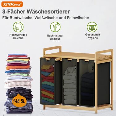 Бамбуковий сортувальник для білизни з 3 відділеннями, 148 літрів, 2 яруси, великий кошик для білизни з знімним мішком, прямокутна коробка для ванної, спальні та пральні, 77.5x41.3x100.5CM, Бежевий (Темно-сірий)