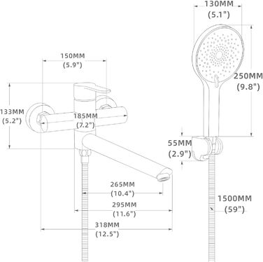 Набір змішувач для ванни PHASAT з витяжною лійкою, чорний, настінний монтаж, PTBB13E (довга лійка, матовий золотий)