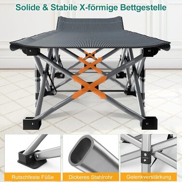 Розкладне кемпінгове ліжко з матрацом та кишенями, сталевий каркас, навантаження до 200 кг, 190x71x36 см, сіре — для кемпінгу, саду та офісу