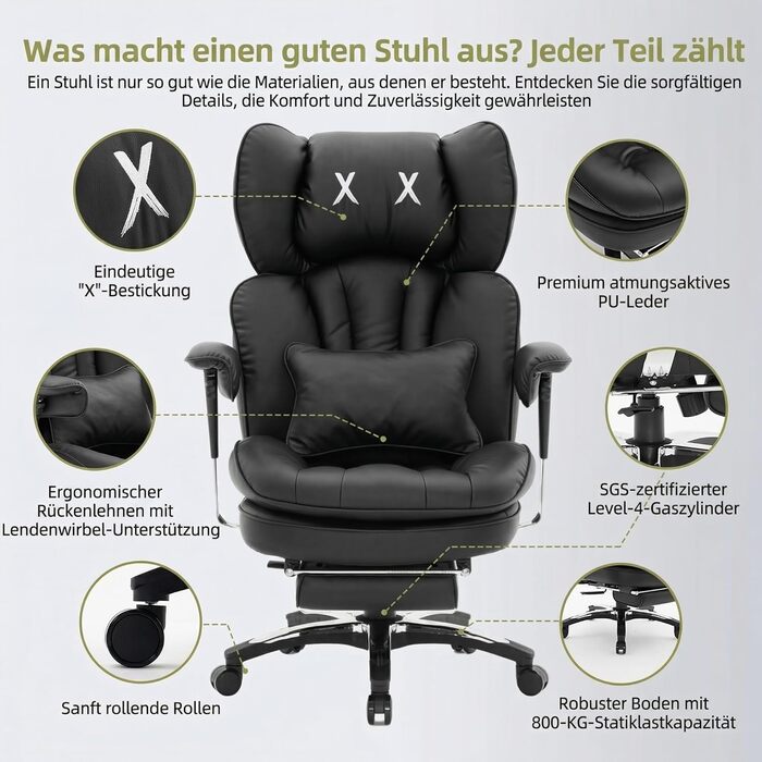 Ергономічне офісне крісло Efomao з PU шкіри для дому та офісу, 200 кг, з підставкою для ніг та підтримкою попереку, чорне