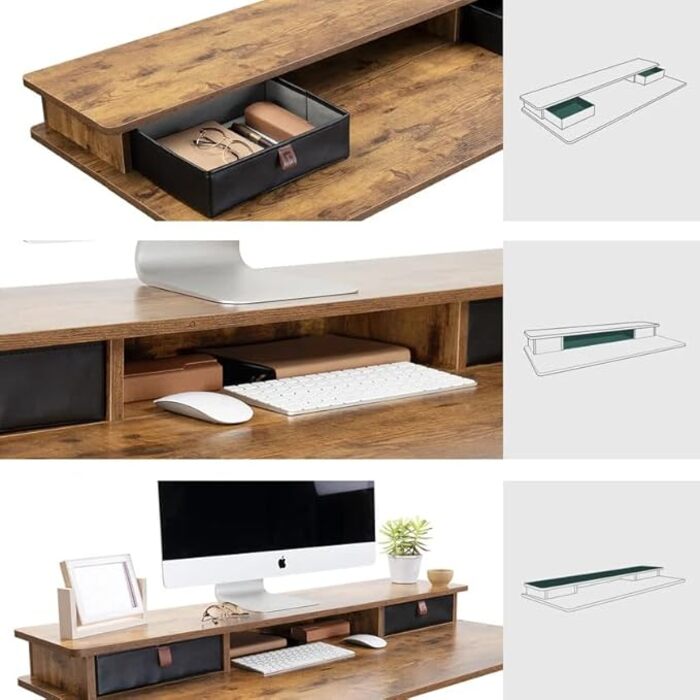 Барний стіл FEZIBO з регульованою висотою та повністю укомплектованою стільницею, 120 x 60 см, стіл для роботи сидячи та стоячи з подвійними шухлядами, чорний каркас/рустикально-коричнева поверхня