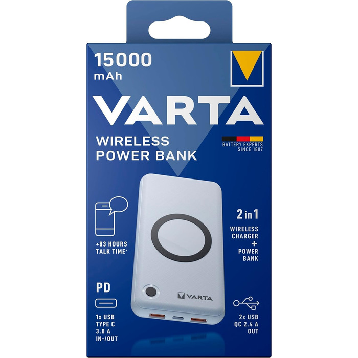 Бездротовий зарядний пристрій VARTA 2in1, 15000 мАг, LED-дисплей, заряджає 4 пристрої, в т.ч. кабель USB-C, білий