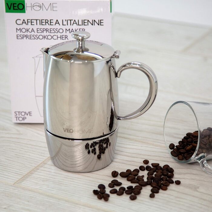 Мока-кавоварка VeoHome Mokka Pot на 10 порцій - нержавіюча сталь, італійська, для індукційних плит, газу, кераміки, електрики, без алюмінію, подвійний фільтр (300 мл)