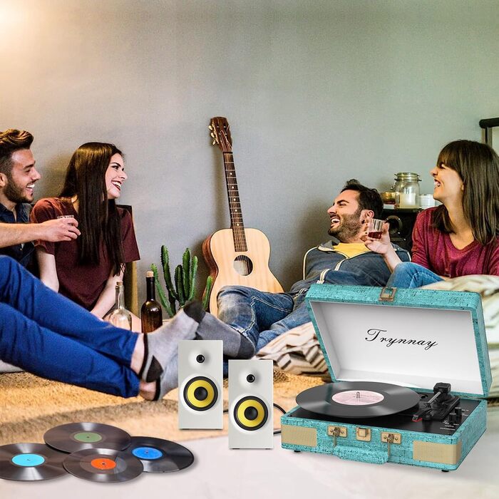 Вініловий програвач Trynnay 3-швидкісний Bluetooth, портативний ретро програвач у валізі з вбудованими динаміками, покриття зі штучної шкіри, синій