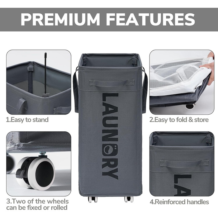 Кошик для білизни на колесах Goodpick 75L з знімним мішком для прання, сірий