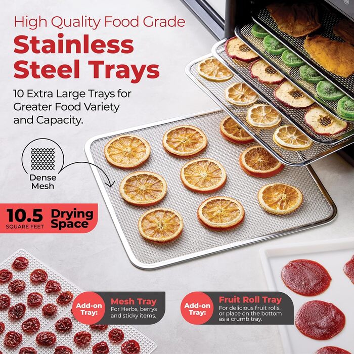 Сушарка для продуктів Caredy: 7 ярусів, цифровий таймер, регулювання температури, підігрів, для м'яса, фруктів, овочів, трав та джеркі