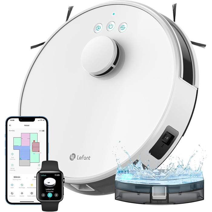 Робот-пилосос LEFANT M2 з функцією миття підлоги, LiDAR-навігація, зони заборони, потужність 6000Pa, час роботи 140 хв, багатошарове картографування, для шерсті тварин, килимів та твердих підлог (M1-W)