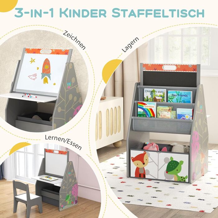 Дитячий набір 3 в 1 Dreamade: стіл, стільчик, книжкова полиця та контейнер, з магнітною дощечкою, сірий