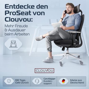 Ергономічне крісло для офісу CLOUVOU ProSeat, регульоване, до 150 кг, чорне – офісний та ігровий комп'ютерний стілець, тестовий переможець