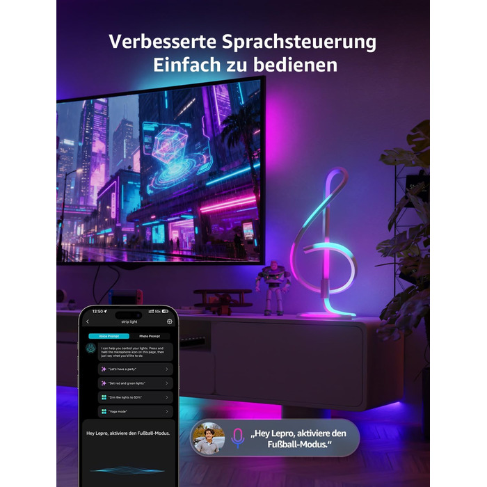 Lepro AI розумна настільна лампа TB2 з персоналізованим AI-дизайном освітлення, синхронізація з музикою/керування через додаток, регулювання яскравості, RGB+IC технологія, сумісна з Alexa/Google, без пульта керування, дизайн 'Скрябін'