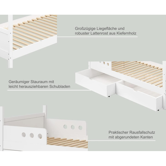 Дитяче ліжко Bellabino Bela для дітей та захисту від падіння, біле дитяче ліжко, дитяче ліжко для малюків та молодіжне ліжко з масиву сосни для дівчаток та хлопчиків з рейковим каркасом (80 х 160 см, з 2 висувними ящиками)