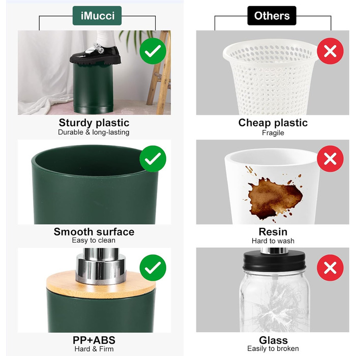 Набір аксесуарів для ванної кімнати iMucci: сміттєвий бак, щітка для унітазу, тримач для зубних щіток, диспенсер для лосьйону/мила, мильниця, стакан для зубних щіток, тримач для ватних паличок (з бамбукової обтяжки), пастельно-зелений, 9 предметів (темно-