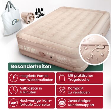 Надувне ліжко для 2 осіб - самонадувна повітряна матрац | Преміум гостьове ліжко без кабелю живлення - вбудований USB-C насос | Надувне ліжко - виберіть розмір зараз! (Бежевий, двоспальне)