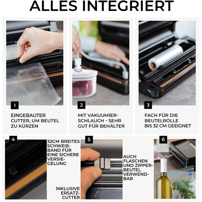 Вакууматор для продуктів BACHWERKE: вакуумний пакувальник з шириною шва 32 см, набором пакетів та рулоном плівки, чорний