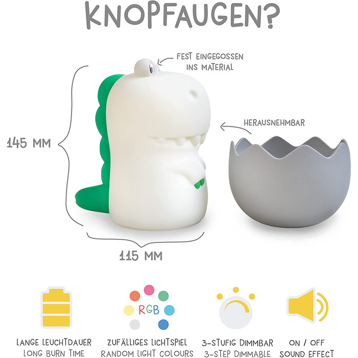 Дитячий LED нічник MegaLight Diggy Dino: RGB-підсвітка, регулювання яскравості, сенсорне керування та звукові ефекти, USB-зарядка