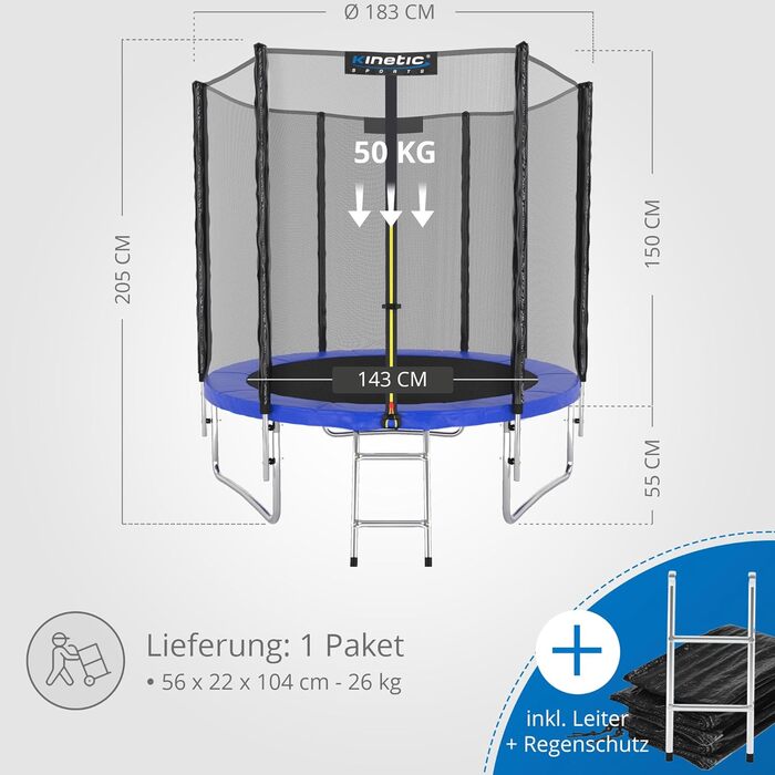 Батут вуличний KINETIC SPORTS Salto Plus Ø183 см з сіткою, драбиною та захисним покриттям - для дітей